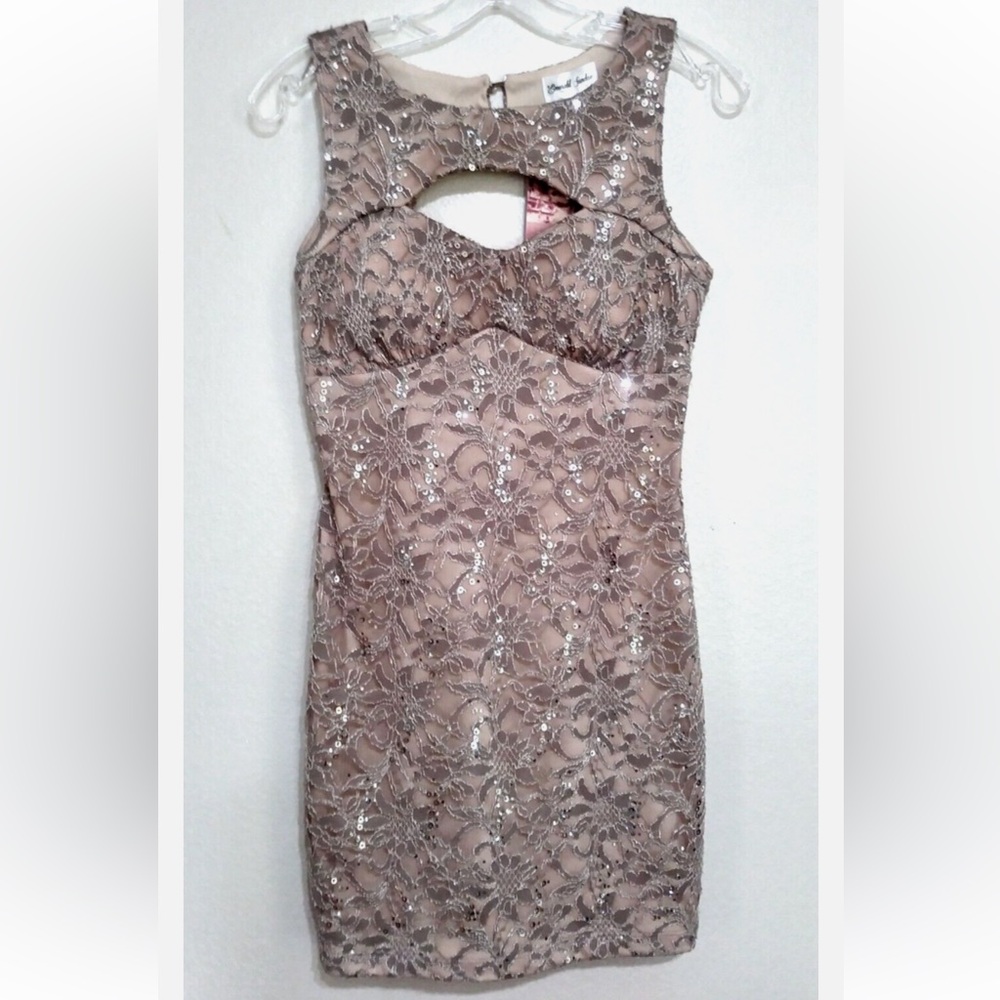 Emerald Sundae Nude and Gold with Lace & Sequins Halter Bodycon Mini Dress